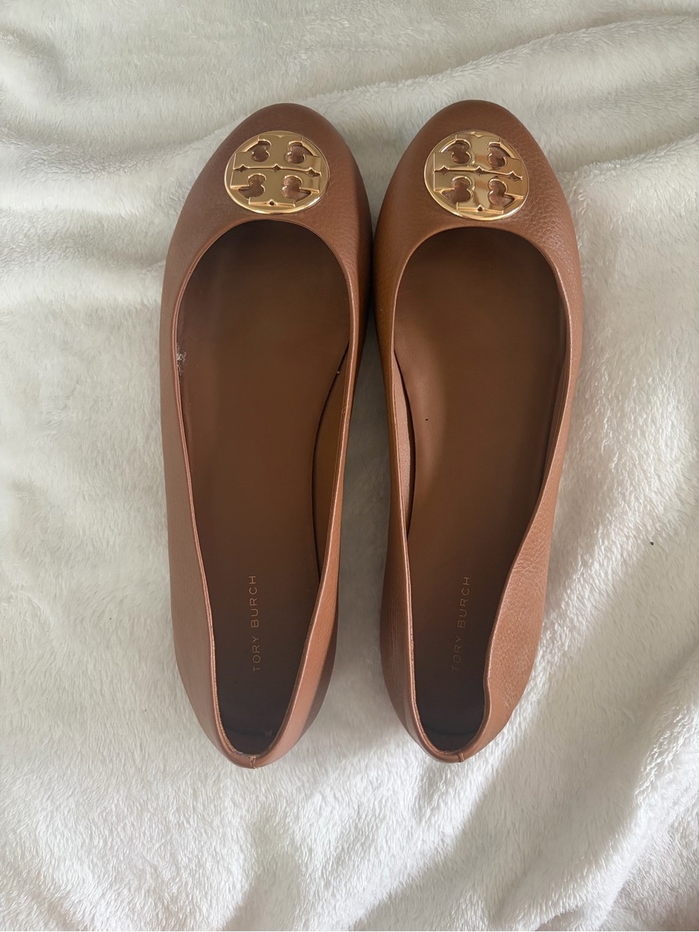 Tory Burch Tan Leather Ballet Flats with Gold Logo Medallion